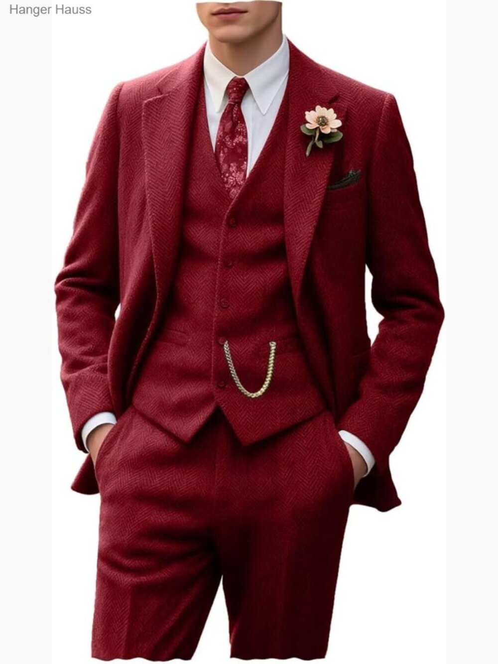 Men's 3-Piece Slim Fit Herringbone Tweed Suit Set Blazer Jacket Vest Pants